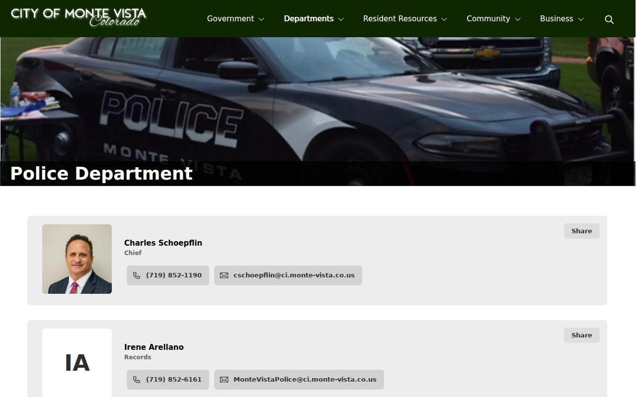 Monte Vista warrant records police department contact