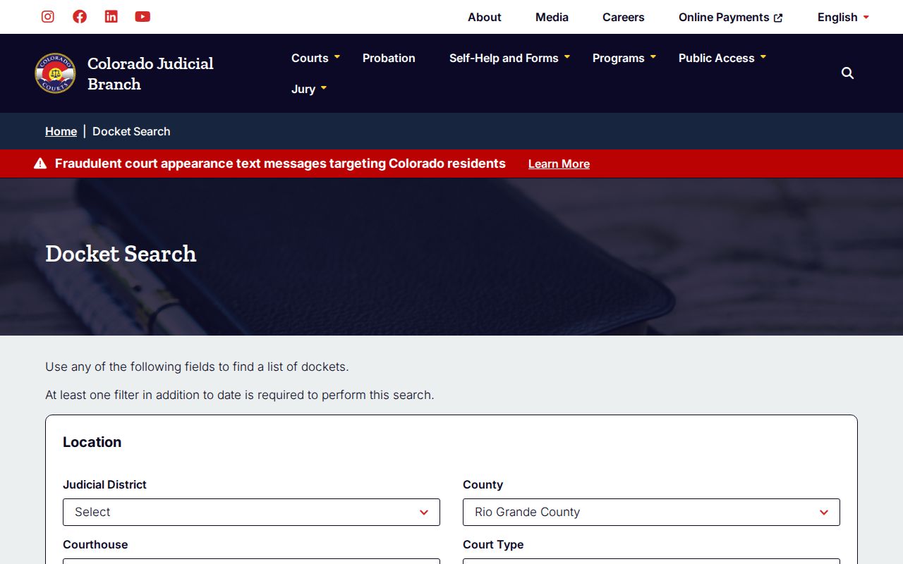 Rio Grande County warrant records docket filter screen